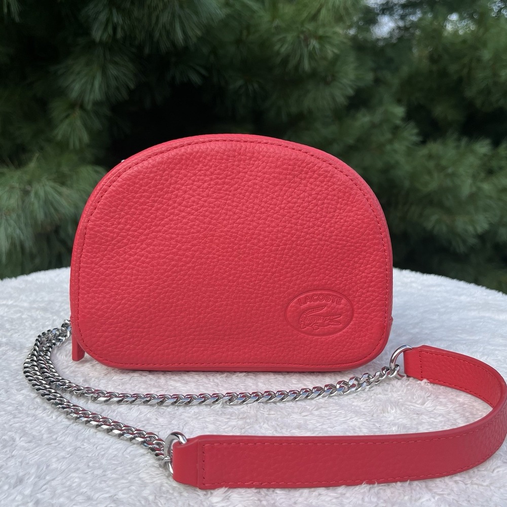 Lacoste Croco Crew Crossbody Bag Leather Red/Coral Silver Chain Embossed Logo